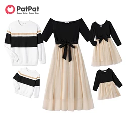 PatPat Family Matching Outfits Black-Almond Mesh Skirt Sets and Classic Round Neck Long Sleeve Tops Sets for Family Look Clothes