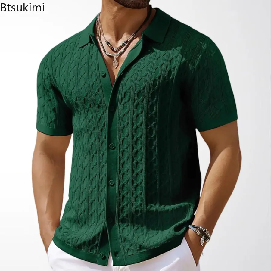 2026 Men's Summer Short Sleeve Polo Shirts Knitted Lapel Cardigan Top Stripe Stitching Men Polo Tee Shirt Fashion Camisa Hombre