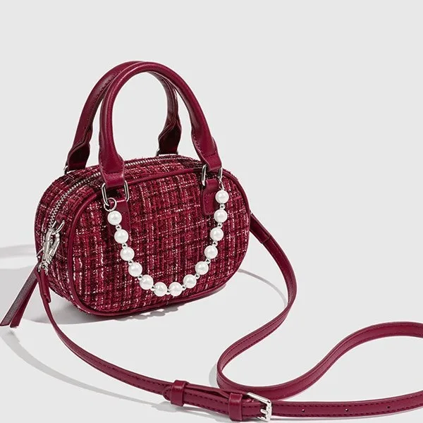 Mini Crossbody Bag for Women Vintage Luxury Design Pear Chain Leather Strap Small Shoulder Pillow Handbag Woolen fabric