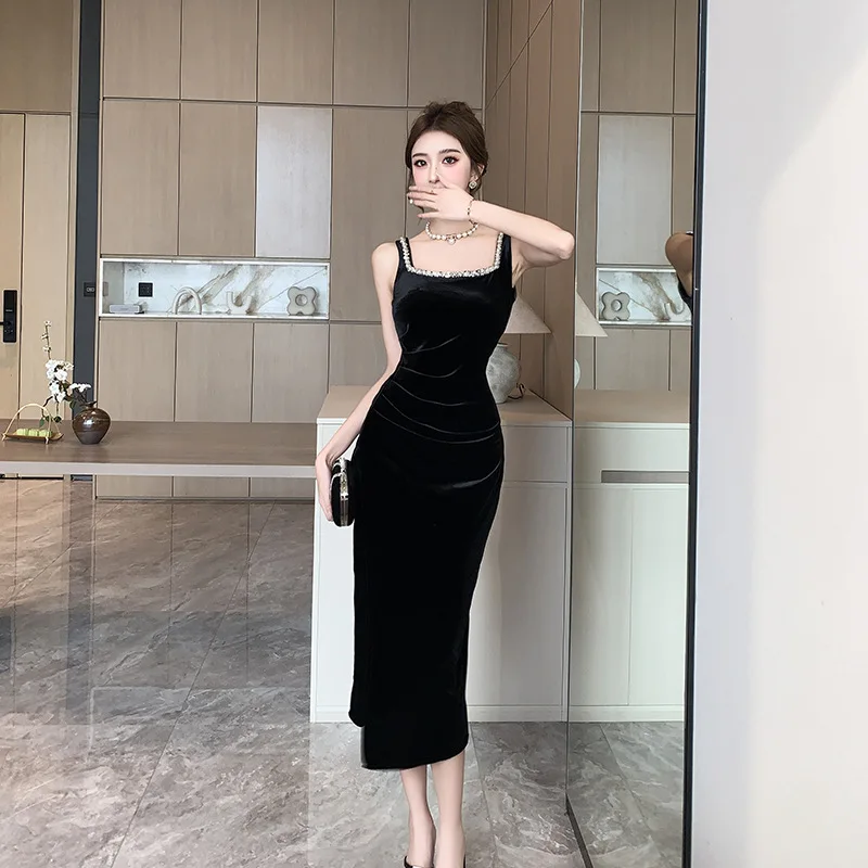 Square Collar Spaghetti Strap Long Dresses Slim Slit Solid Black Dress Autumn and Winter New Elegant and Pretty Women's Dresses