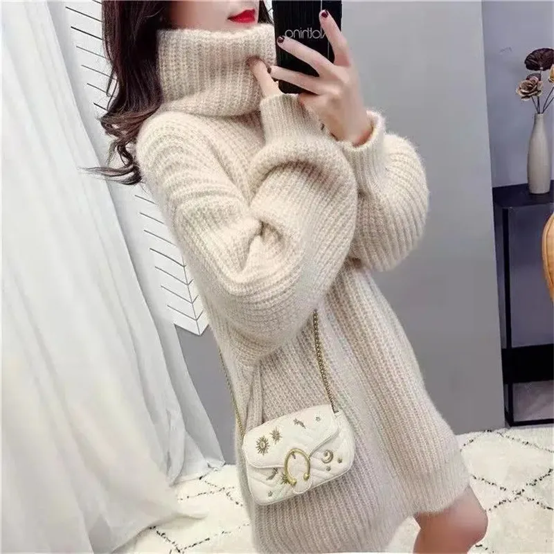 Fashion Autumn Winter Turtleneck Knitted Dress Red Gray Apricot Casual Sweater Dresses Thicken Long Sweater Pullover Female