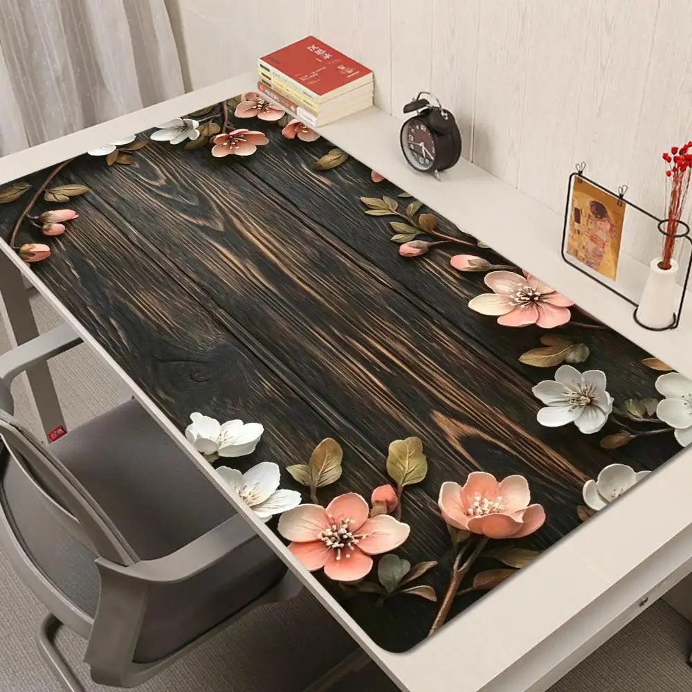 Wooden Board Flower Frame Mouse Pad Stitched Edges Thick Rubber For Rustic Home Office Decor