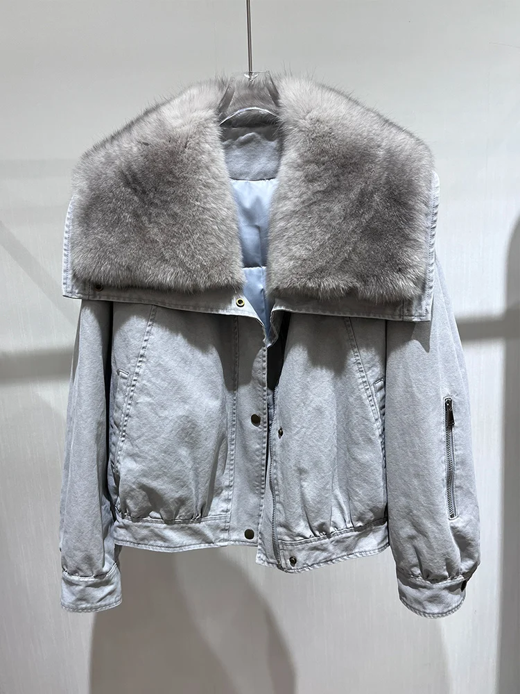 

Осень-зима 202, женские пальто на гусином пуху, джинсовая куртка, верхняя одежда с воротником из натурального лисьего меха, роскошная женская куртка