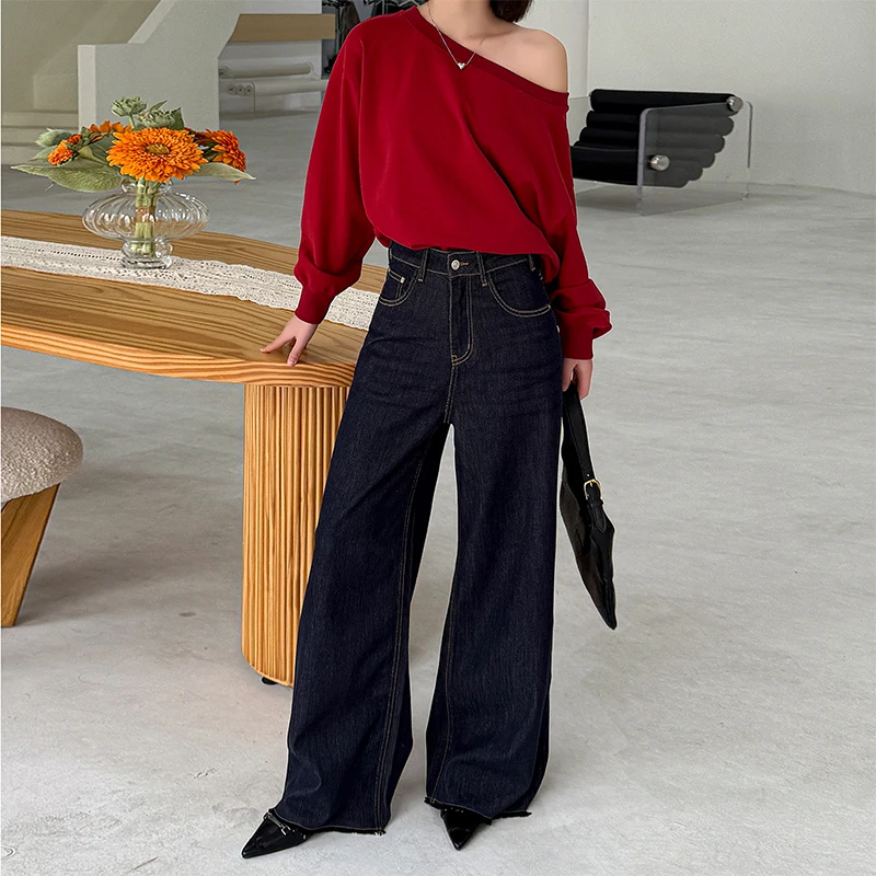 

High-end relaxed lazy style 2025 spring women's primary color denim wide-leg pants loose draping retro mop pants