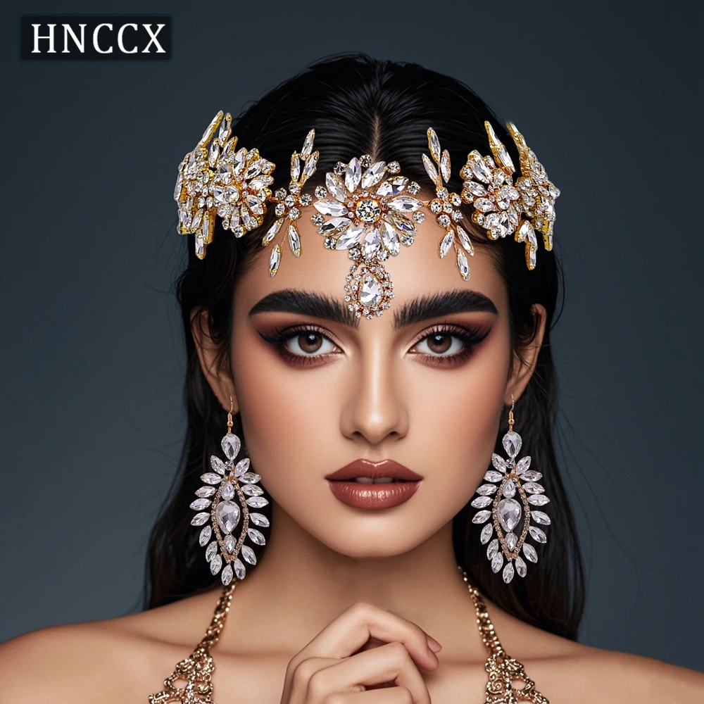 

HNCCX Luxury Water Drop Forehead Hairband Handmade Rhinestone Bridal Headband Tiara Earring Set Wedding Hair Accessories CP440