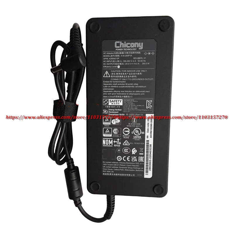 New Genuine Chicony A18-280P1A 20V 14A 280W Laptop Adapter Charger For Schenker XMG NEO 15-E22qrn Gigabyte AORUS 15X ASF/RTX4070