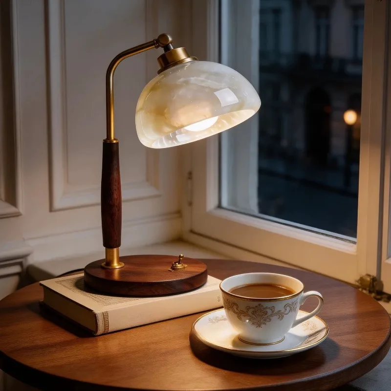 French retro living room jade table lamp Song's aesthetic walnut bedside ambient lamp