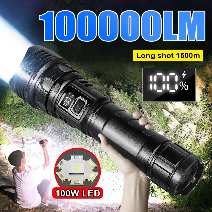 

Portable Rechargeable LED Flashlights High Power 100000LM Tactical Flashlight Telescopic Zoom Torch Lamp Outdoor Camping Fishing
