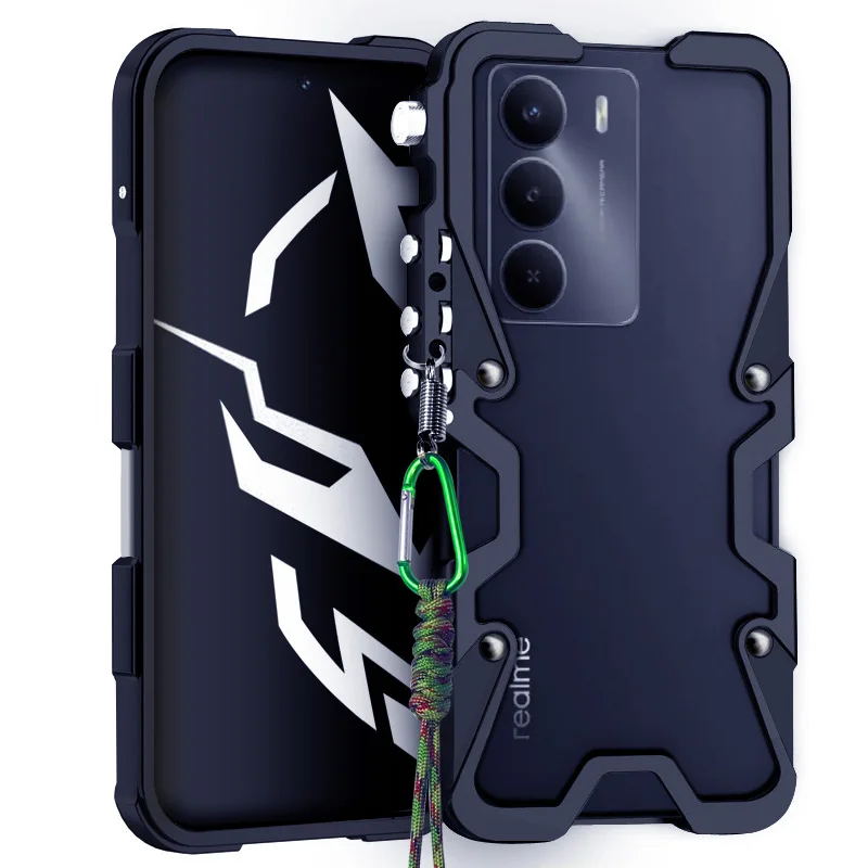 

Luxury Armor Metal Aluminum Phone Bumper For Realme 16 15 15t 14 14t 13 12 11 Pro+ Cover Mechanical Purely Handmade Skull Case