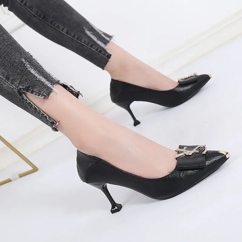 Female Black High Quality Pointed Toe Slip on High Heel Shoes Women Casual Comfort Stylish Spring & Summer Party Heels E5973