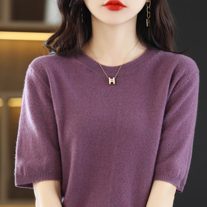 Hot Sale 100% Merino Wool Knit Jumper Women\'s Sweaters And Pullovers Autumn Female O-Neck Clothing Short Sleeve Soft Tops Spring