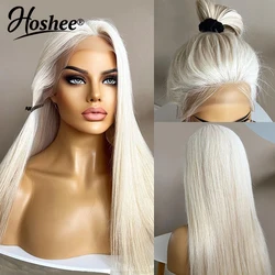 Peluca de cabello humano brasileño Remy para mujer, postizo de encaje Frontal liso con pelo de bebé, color rubio platino, 13x4, transparente