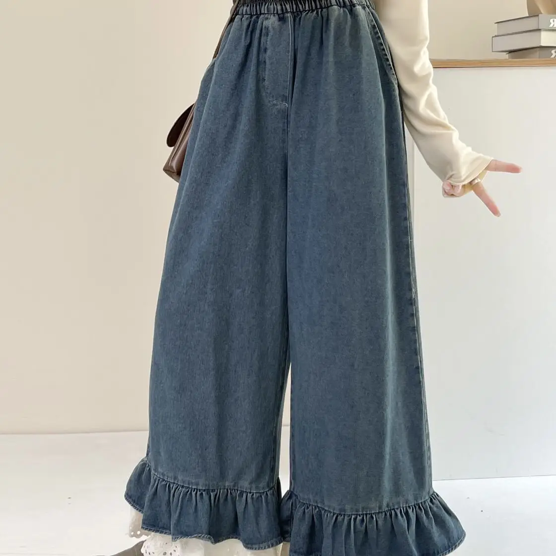 New Japanese and Korean sweet lace jeans elastic waist denim wide-leg pants casual pants trousers loose