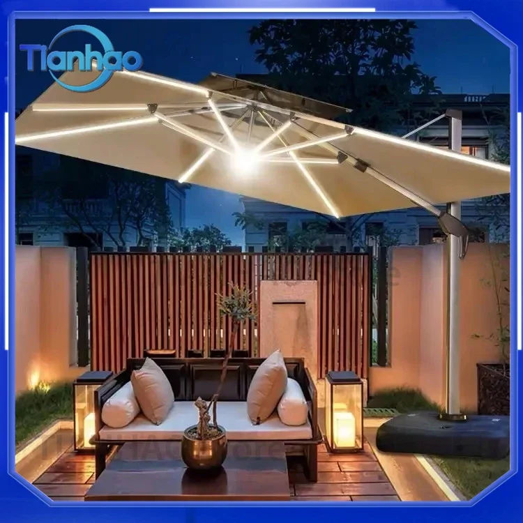 Large Garden Parasol for Beach Patio Picnic Outdoor Umbrella with Patterned Design LED Light and Solar Base Wholesale