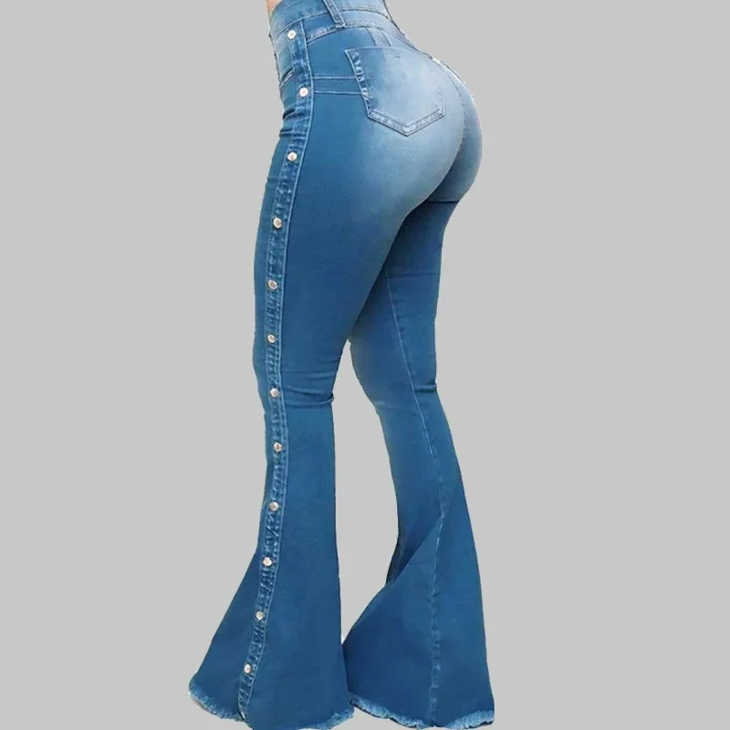 Mode Kant Studs Gesp Decoratie Uitlopende Jeans Vrouwen Wijde Pijpen Broek Hoge Taille Denim Broek Dagelijks Casual Chique Streetwear