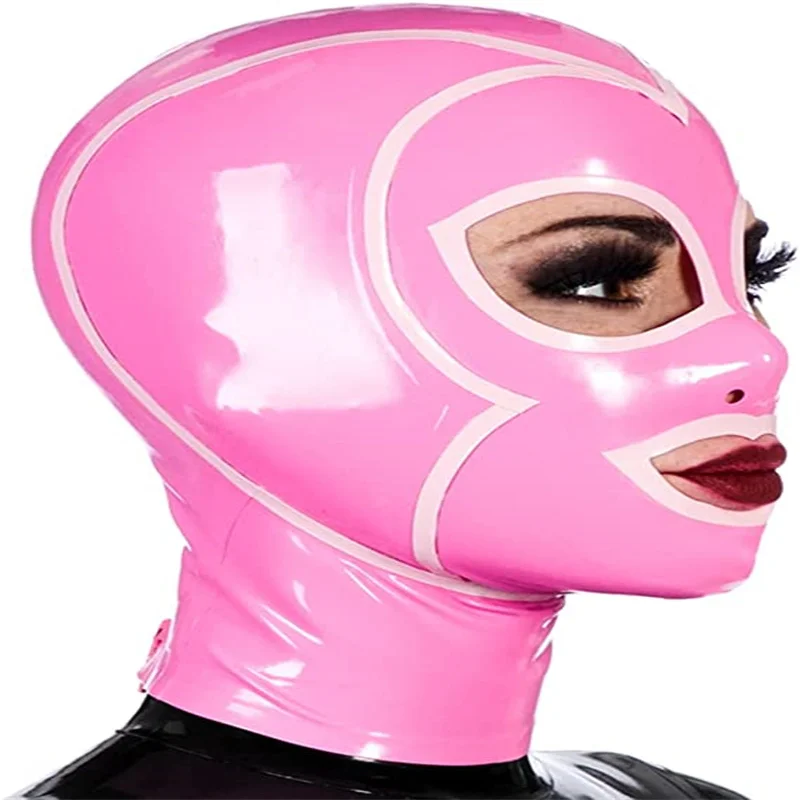 

Sexy Latex Hood Rubber Mask Fetish Pink with White Handmade Open Eyes Mouth Halloween Cosplay Costumes for Men Women