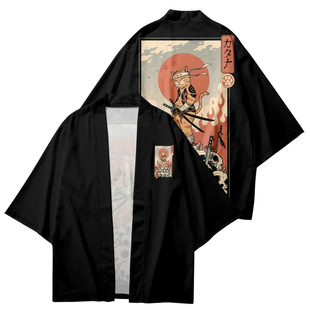 Japanese Cat Samurai Kimono 2023 Men Traditional Kimonos Anime Plus Size 5XL 6XL 4XL