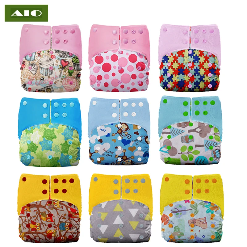 

AIO Baby Reusable Pocket Diaper With Two Opening To Insert Nappy AI2 Newborn Infant Cloth Diaper Suede Patchwork Fabric Fast Dry