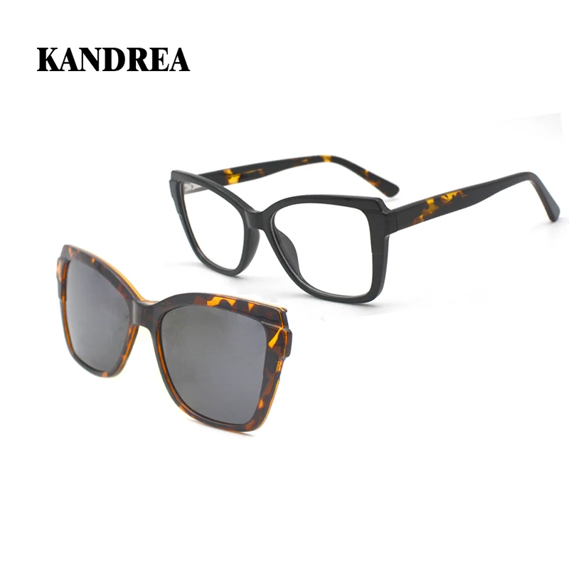 KANDREA Óculos Retro 2 em 1 com Estampa de Leopardo para Mulheres, Armação Cat Eye, Óculos de Prescrição Óptica com Design Magnético H815