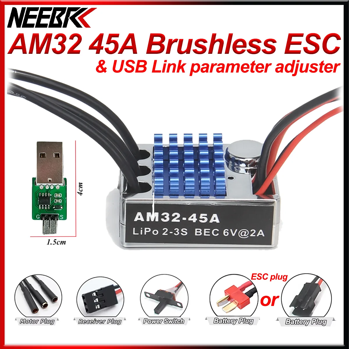 NEEBRC AM32 45A Brushless ESC T Plug/SM3.0 Plug With USB Link Parameter Adjuster for 1/12 RC Crawler Car MN82 MN128 MN168 MN99S