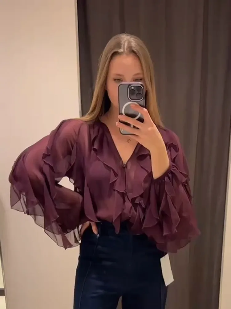 Casual V Neck Solid Ruffle Thin Chiffon Shirts New Women's High Street Long Sleeved Tops 2025 Spring Office Commuting Blouse