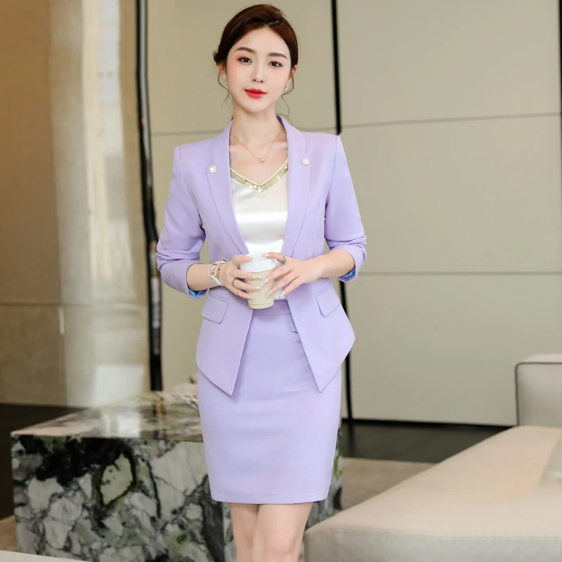 2023 Spring/Summer Female Elegant Women\'s Skirt Suit Pink Yellow Purple Blazer Bussiness Jacket Office Lady 2 Pieces Set