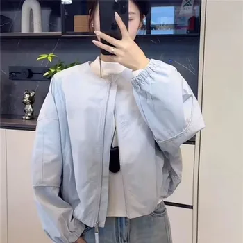 Korean Version Simple Women's Round Neck Solid Color Short Coat 2026 Spring New Female Casual Loose Jacket Joker Little Overwear 5