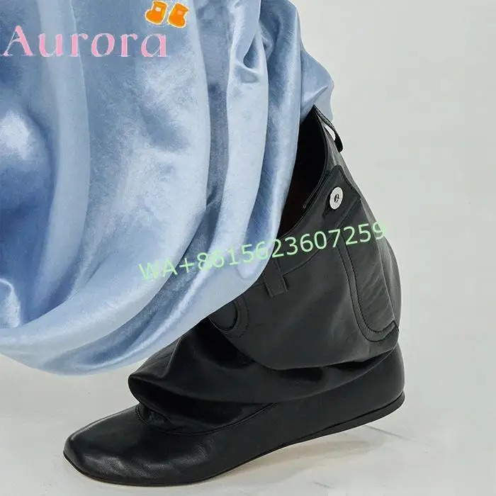 2023 Spring and Autumn New Women's Retro Black Knight Boots Round Toe Flat High Boots Pleated Pile Knee-High Boots