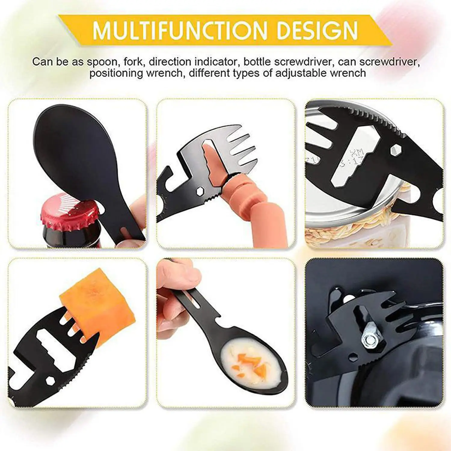 Multifunktions-Bestecklöffel, Multitool, Dosenöffner, tragbares Flaschenbesteck, Multitool, Campingbesteck, Gabel, Spork, Edelstahl – Detail 3