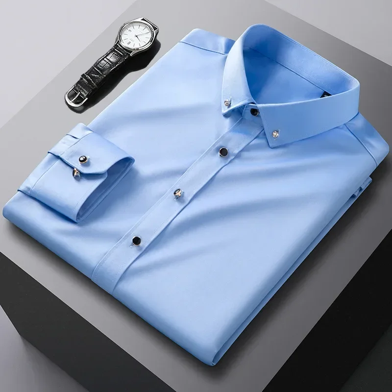 

M~5XL diamond button social non-ironing shirts, ice silk men's long-sleeved shirts, white silky business shirts wholesale