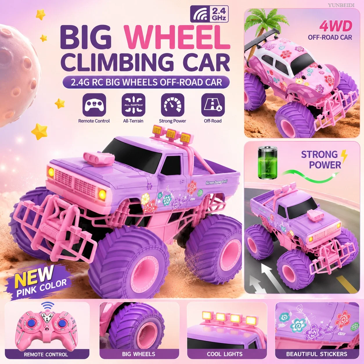1:16 Pink Remote Control Car 2.4G_Hz Spray Music Light DIY Sticker Racing Car 1:18 Climbing Off-road Toy Car Kids Festival Gifts