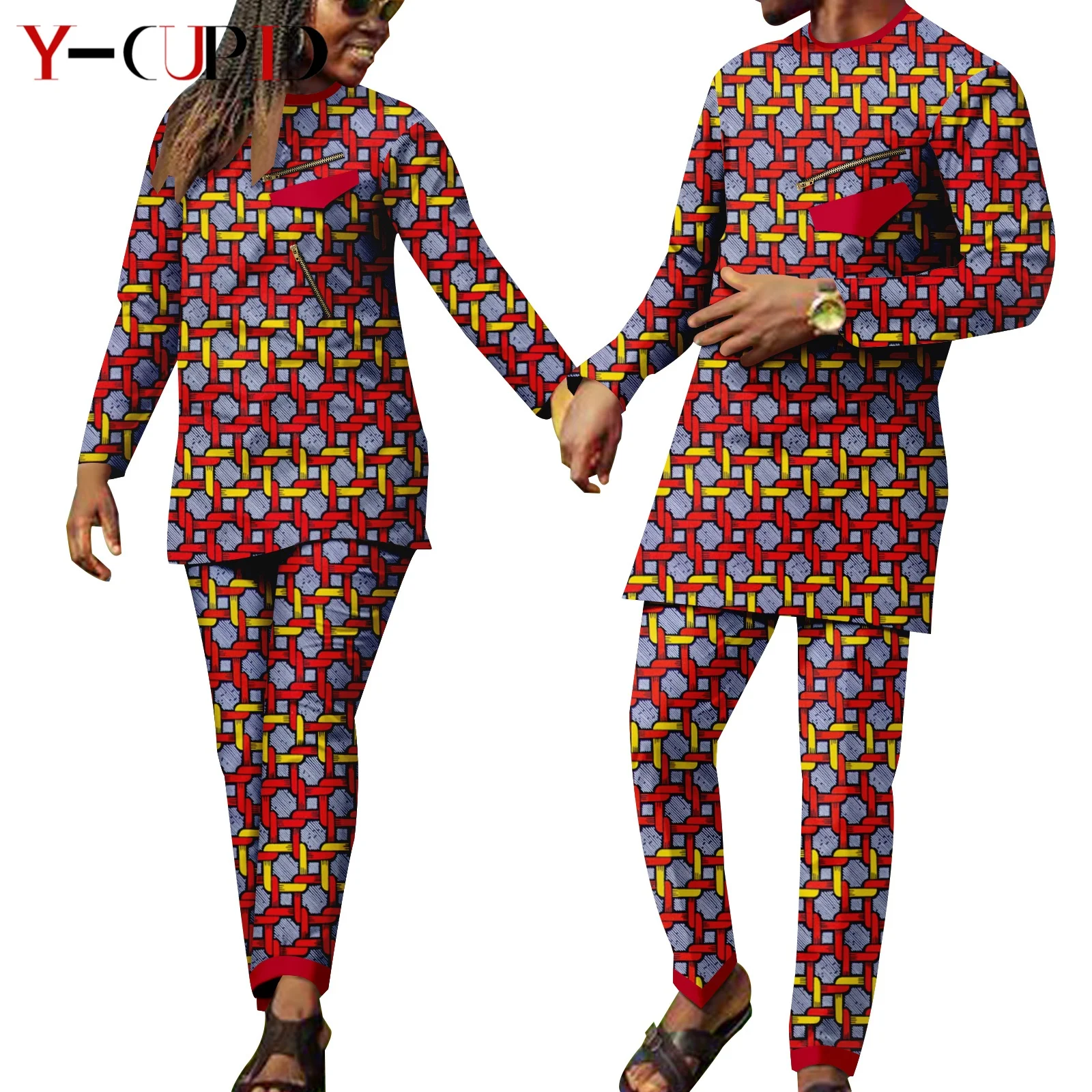 

African Couple Clothes Dashiki Women Ankara Print Fake Pocket Zipped Top Tee and Pants 2 Pieces Sets Match Men Outfits Y22C035