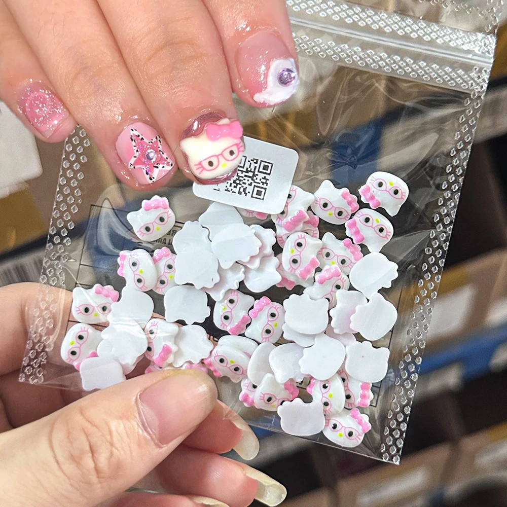 

50Pcs Y2K Pink Glasses Hello Kitty Nail Charms Resin 3D Cartoon 8/10MM Hello Kitty Kawaii Nail Rhinestones Bow KT Cat Nail Decor