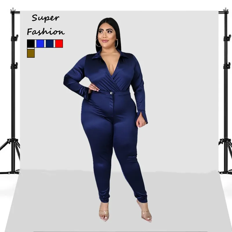 

L-5XL Winter Bodysuits Plus Size Sets Women Clothing Solid Color Long Sleeve V Neck Two Piece Pant Suits Wholesale Dropshipping