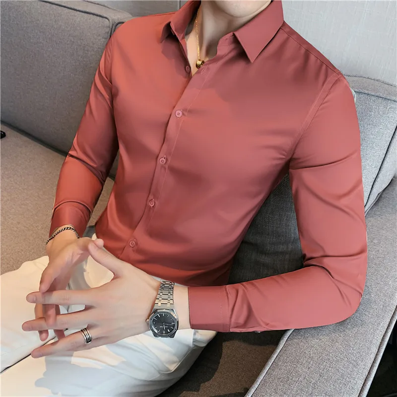 Khaki Men Shirt Luxury Quality Soft Long Sleeve Shirt Wedding Man 4XL Slim Fit Casual Blouse Male Chemise Homme Camisa 11 Colors