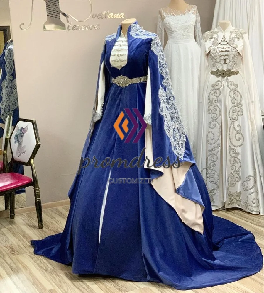 Traditional Navy White Turkish Wedding Dress Egyptian Cape Sleeves Lace Caucasian Circassian Muslim Bride Dress Islamic Bridal