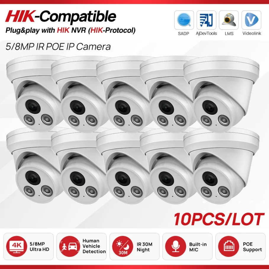 10PCS Hikvision Compatible 5MP 8MP IP Camera Night Vision Build in MIC Human Vehicle Detection CCTV Surveillance Network Cameras