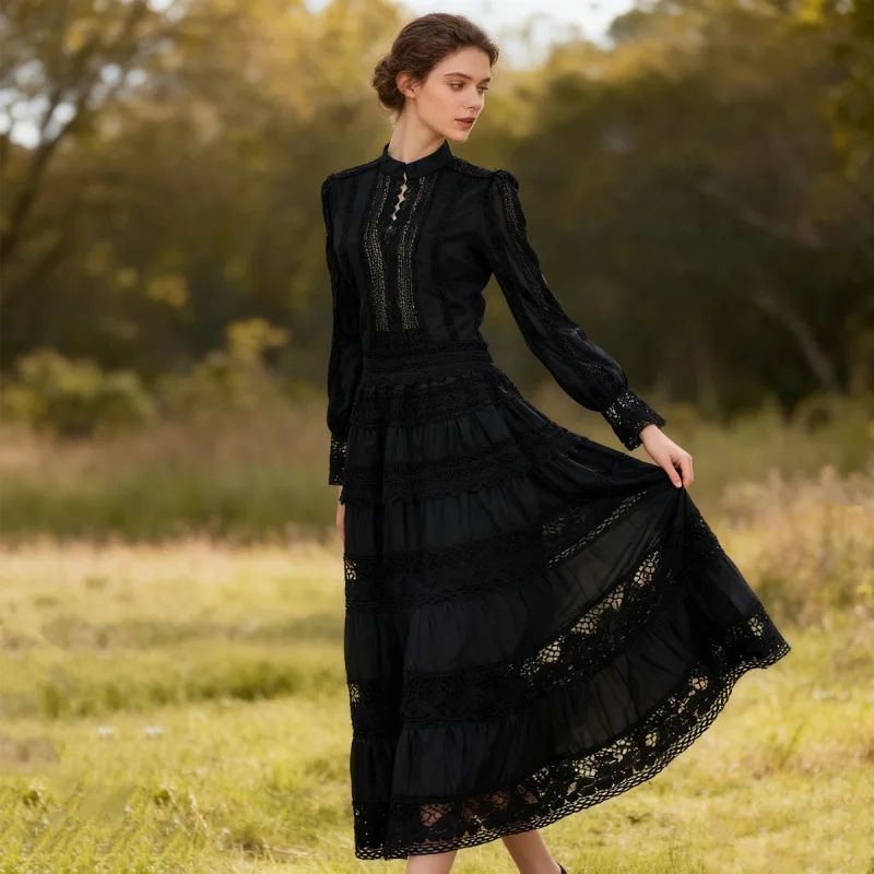 تنورة Engli Sle Ogees قابلة للذوبان من الدانتيل بتصميم مجوف وخصر مرن وتنورة كبيرة تنورة أوروبية مجوفة طويلة Sve