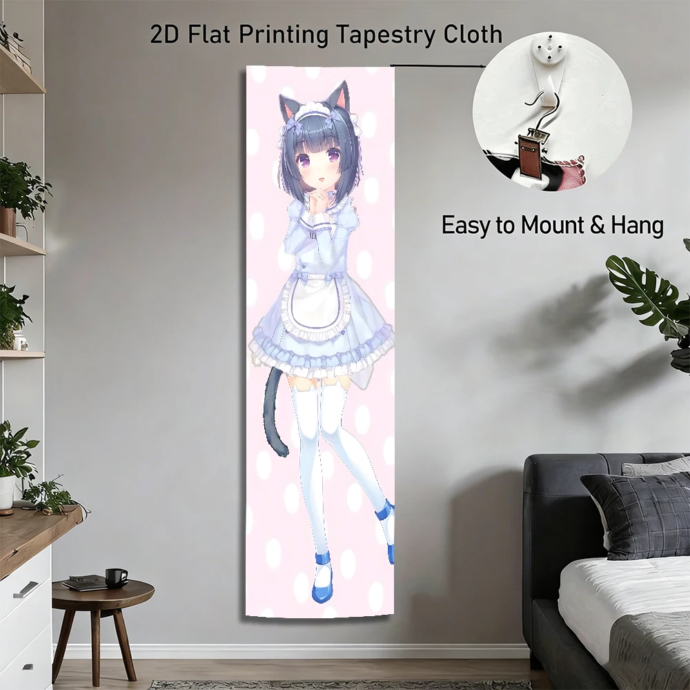 Kawaii Neko Maid Anime Girl Long Tapestry, Nekopara Inspired Wall Hanging, Pastel Pink Polka Dot Vertical Decor for Bedroom