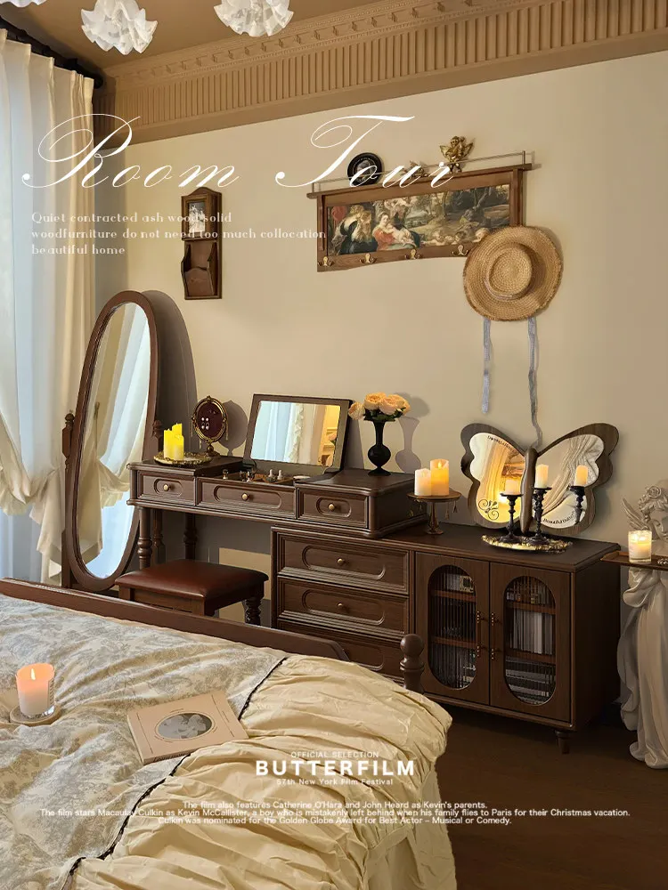 

Vintage Wooden Dressing Table & Storage Cabinet Set, Bedroom Vanity Table with Drawers