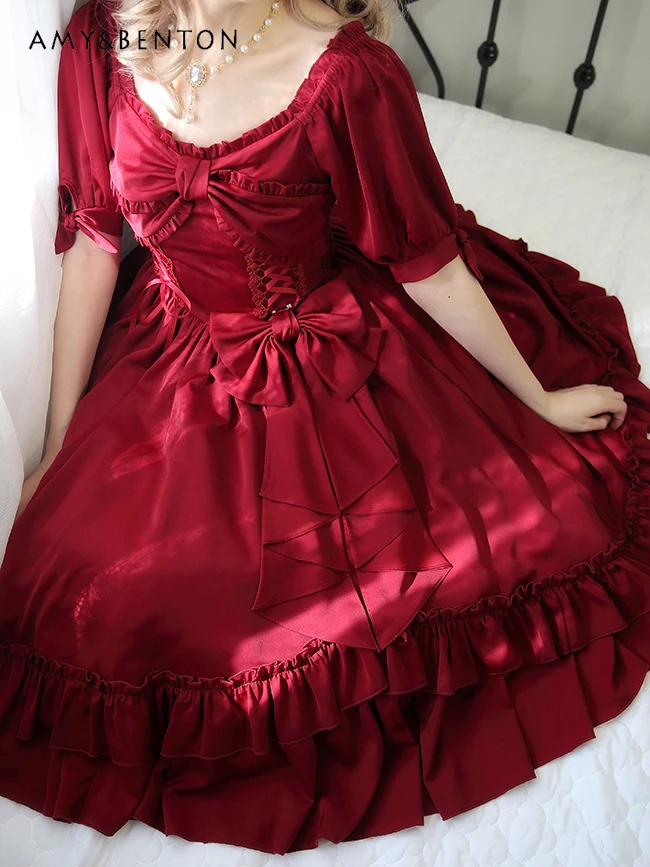 Elegant French Temperament Girl OP Lolita Dress Summer Sweet Bow Bubble Sleeve Slim Tutu Dress Women Graceful Princess Dresses