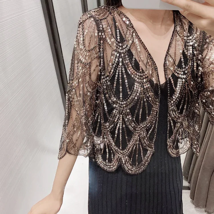 Women Jacket 2024 V-neck Short Cardigan Women Little Shawl Cape Summer Short Sleeve Sequins Hollow Lace Dress Shawl Jackets Z354