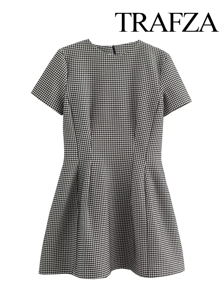 TRAFZA Women Summer Sexy Round Neck Elegant Houndstooth Short Sleeve Dress Female Zipper Plaid Slim Fit Mini Casual Dress Mujer