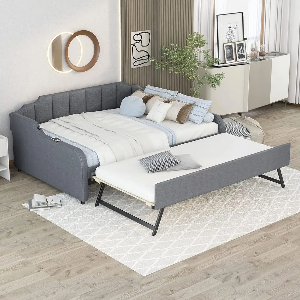 

Gray Upholstered Daybed with Trundle and USB, Wood Slats, Suitable for Sofa Bed or Living/Bedroom