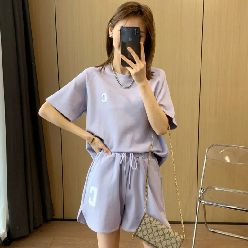 Original quality Korean version summer loose short sleeved T-shirt+shorts sports embroidery letter casual set