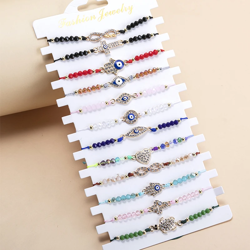 12Pcs/lot Mixed Rhinestone Eye Charms Beaded Braided Bracelet Set Women Child Adjustable Rope Wristband Bracelet Jewelry Gifts