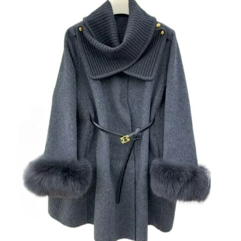

Зима 2026, новый стиль, элегантное шерстяное пальто с флисовыми манжетами и лацканами во французском стиле для женщин с затягивающейся талией, высококачественное