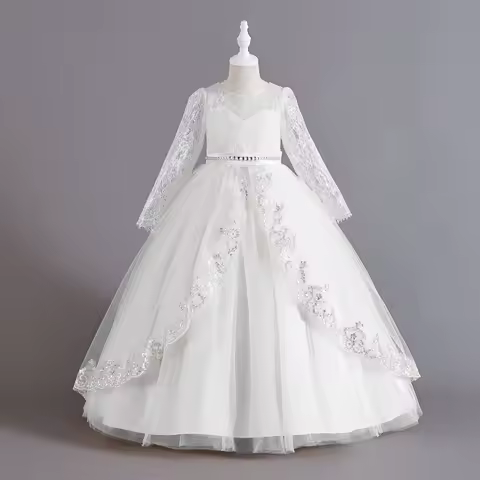 New Long Sleeve Elegant Dress for Girl Evening Dresses White Lace Clothes From 10 to12 Years
