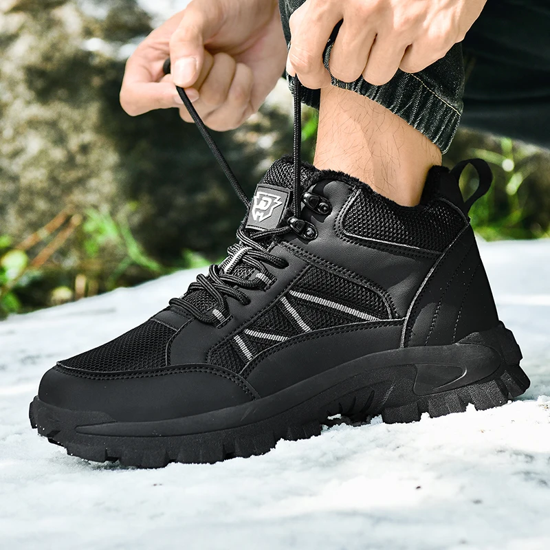 

Brand Winter Warm Couple Snow Boots Leather Waterproof Men's Boots Outdoor Rubber Lace-Up Men Hiking Boots Work Shoes Size 36-46