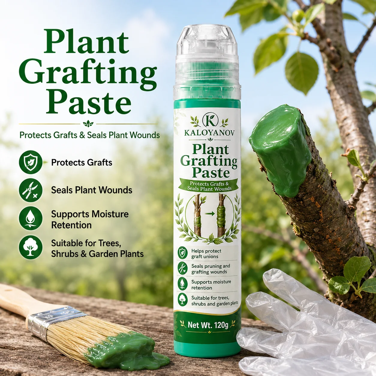 120g Plant Grafting Paste Tree Wound Pruning Sealer Compound Bonsai Healing Cream Garden Protect Grafting Tool w/ Brush & Gloves